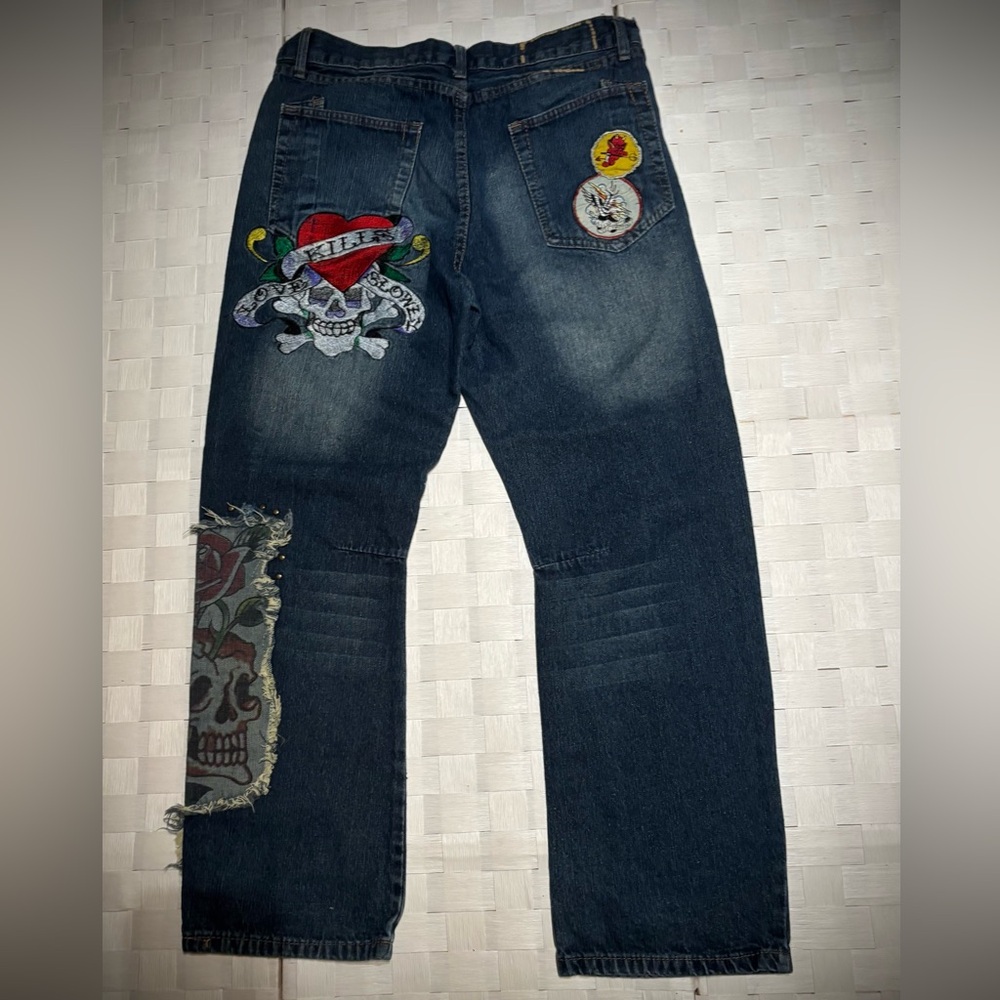 Ed Hardy Dark Blue Jeans with Red Heart & Multicolor Embroidered Skull Patches